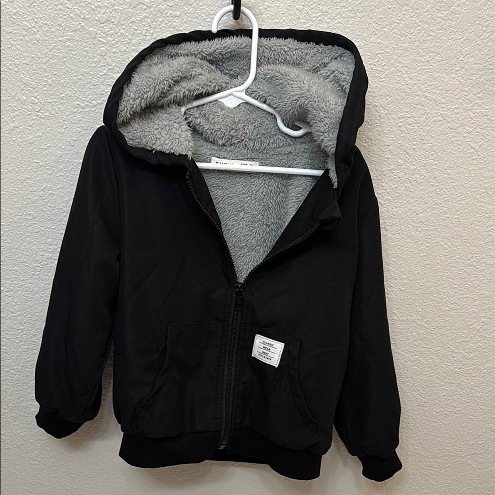 SHEIN Black Hooded Kids Jacket with Gray Lining